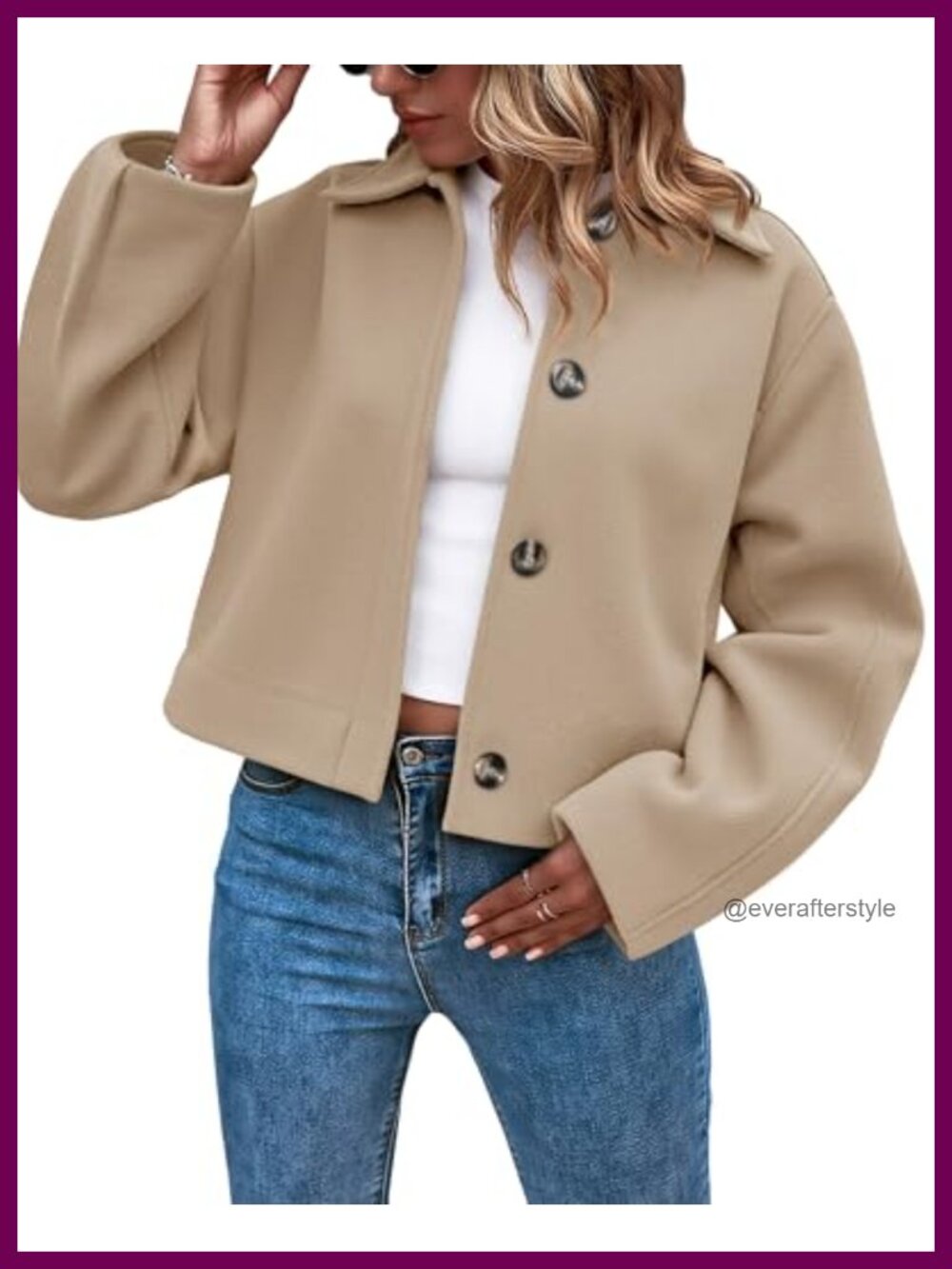 Cropped Pea Coat Button Down Lapel Collar Long Sleeve Wool Blend